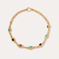 Collier Amarante cabochons multi - Turquoise, Basalte noire & Bois