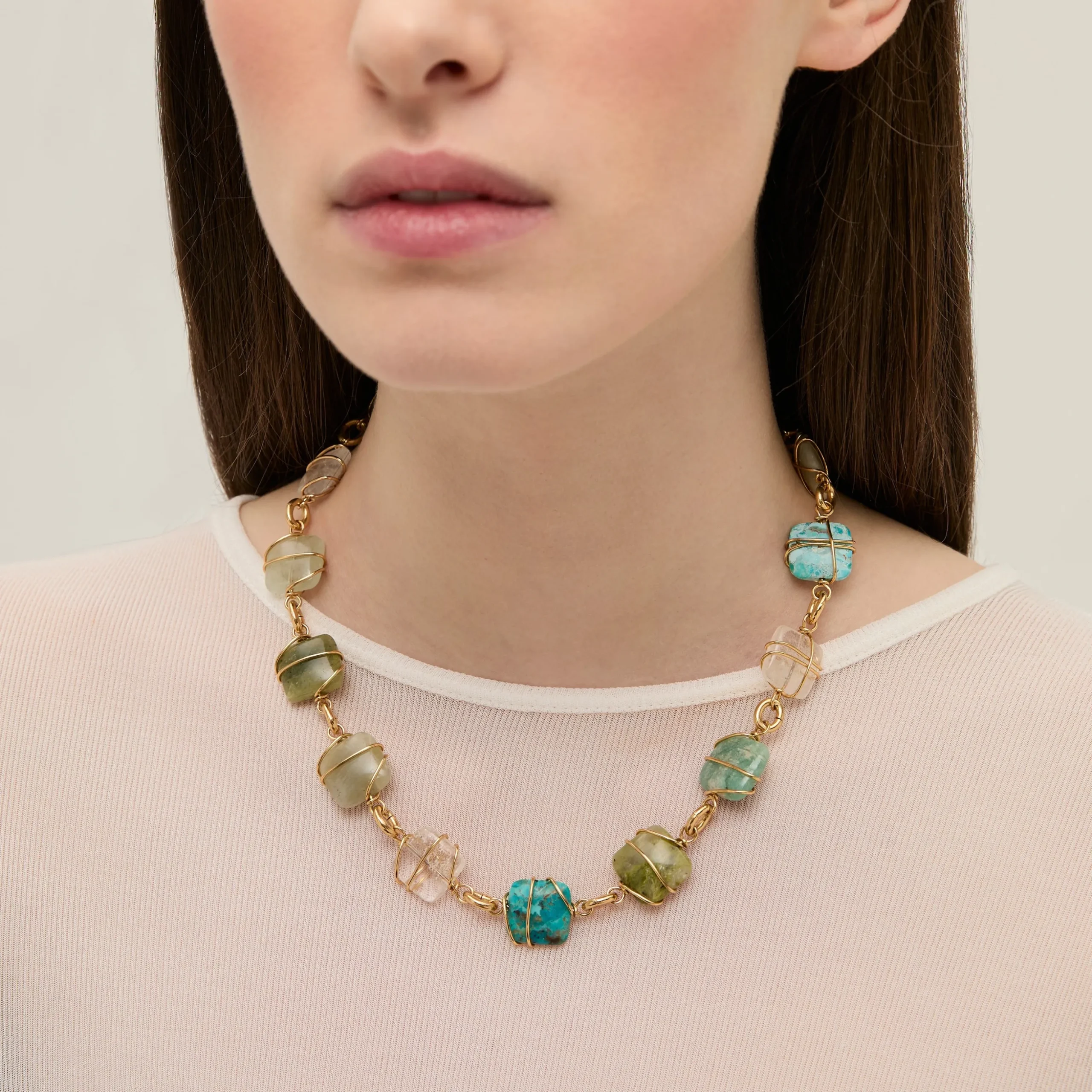 Collier Rainbow Square Multi petit modèle - Turquoise, Vesonite, Amazonite & Cristal