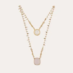 Collier Scapulaire serti - Nacre blanche & Quartz rose