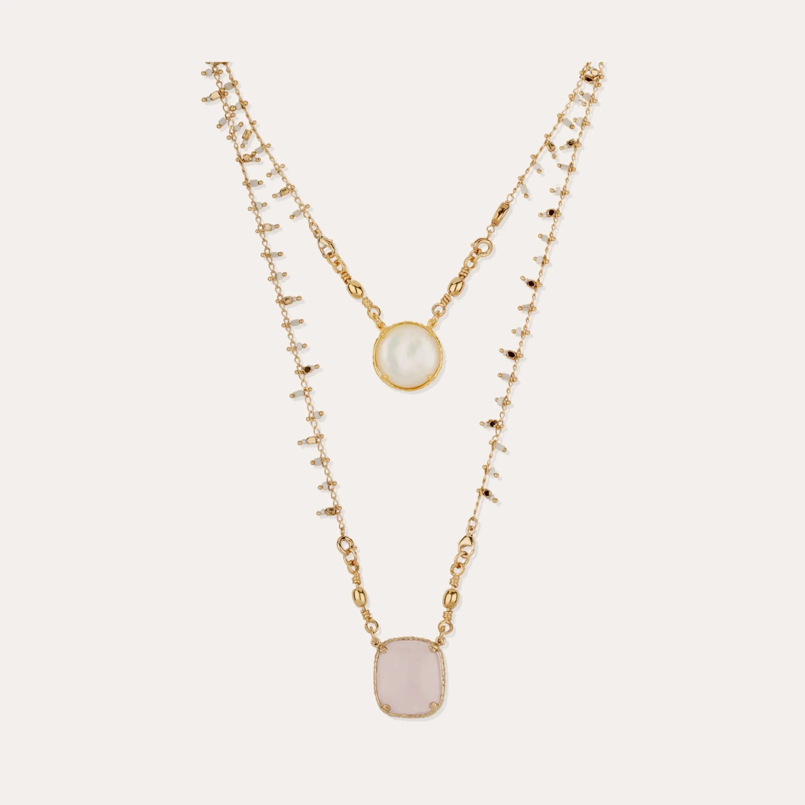 Collier Scapulaire serti - Nacre blanche & Quartz rose