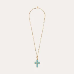 Sautoir Croix Serti - Turquoise